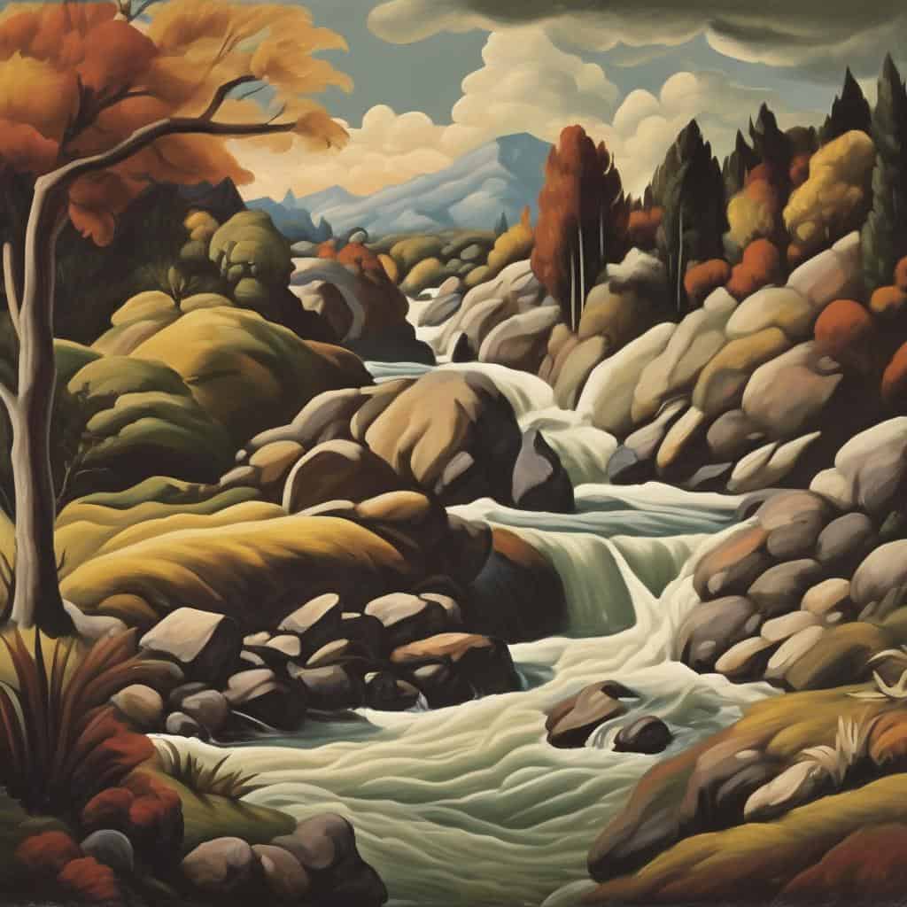 Λαμπερό τοπίο με ρέοντα ποτάμι και χρωματιστά δέντρα, αναδεικνύοντας την δομική και αυθόρμητη τέχνη στο φυσικό περιβάλλον.