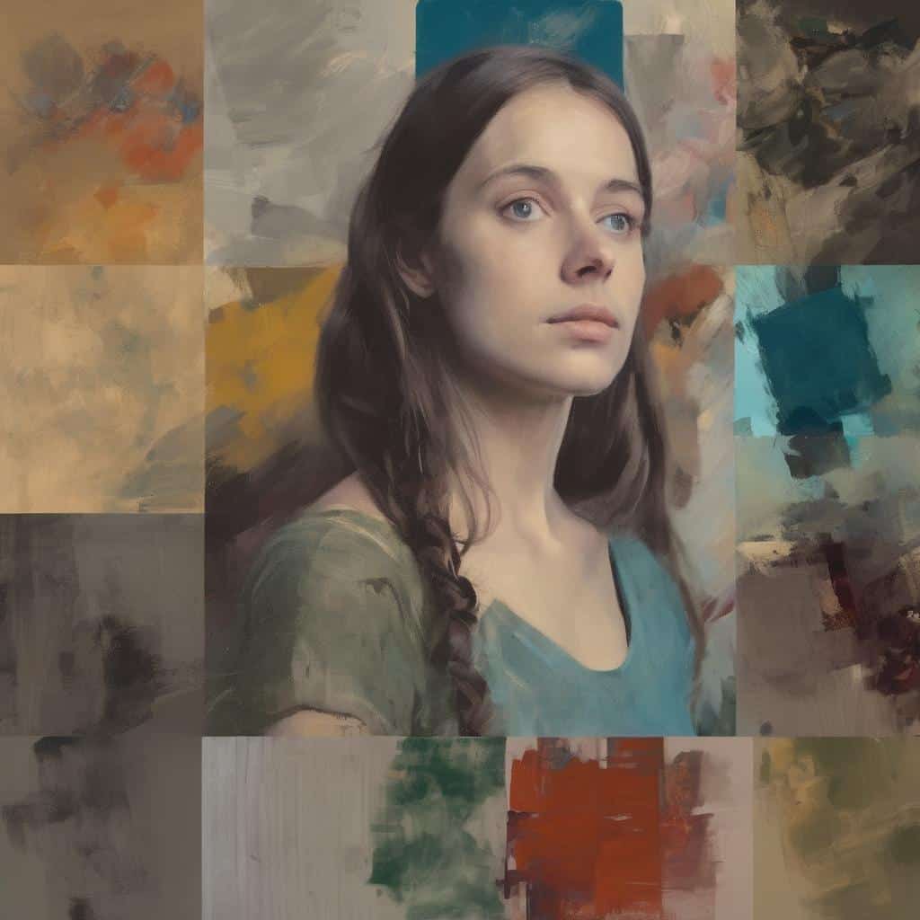 Αγνή κοπέλα με φυσική ομορφιά, ζωγραφική τεχνική και αφηρημένα χρώματα ως μέρος της τέχνης, δομική και αυθόρμητη έκφραση.