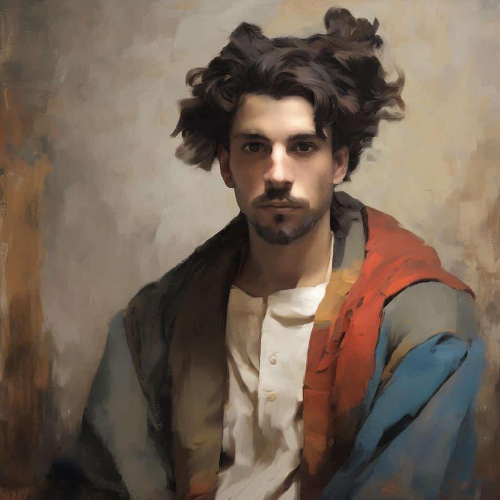 Ζωντανό πορτρέτο νεαρού άνδρα με πλούσια καστανά μαλλιά και έντονο βλέμμα, σε καλλιτεχνικό στυλ.