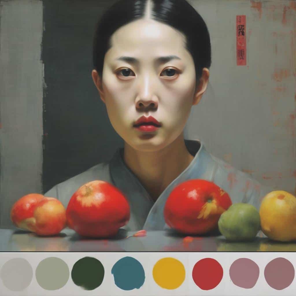Ανθρώπινο πρόσωπο και φρούτα σε πίνακα, συνδυασμός δομής και αυθορμητισμού στην τέχνη.