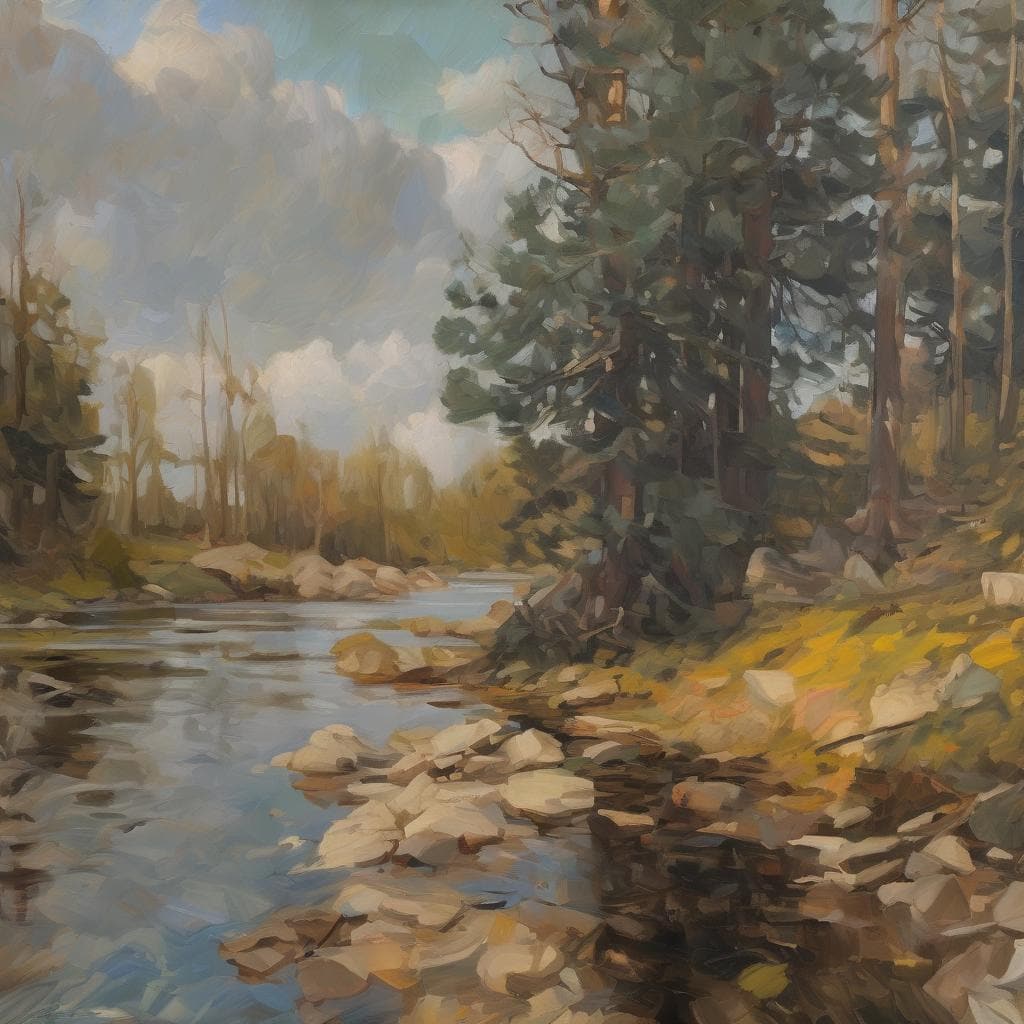 Ροή ήρεμων νερών σε φυσική τοποθεσία με δέντρα και βράχους, εμπνέει αυθόρμητη τέχνη και δομή στη φύση.